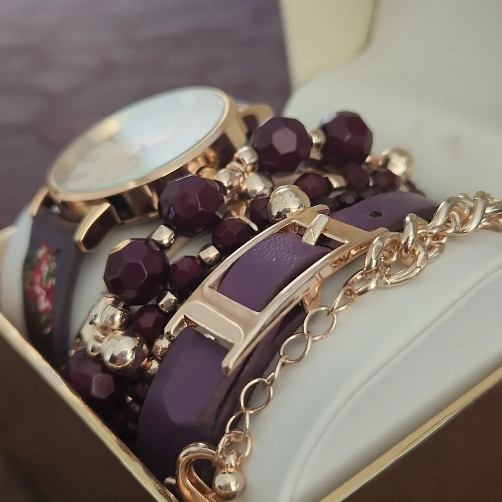 Jessica Carlyle Watch & Bracelet Set - Purple and Gold